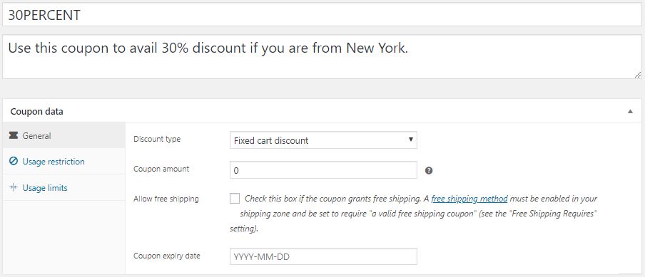 How to Enable Discounts & Coupons in your WooCommerce Store? 2 Figure 2 - Creating a Coupon with Discount Value as Zero, in order to add advanced features in it.