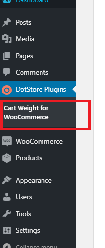 Figure 2: Link to use the Plugin Cart Weight for WooCommerce in the WordPress Admin Dashboard