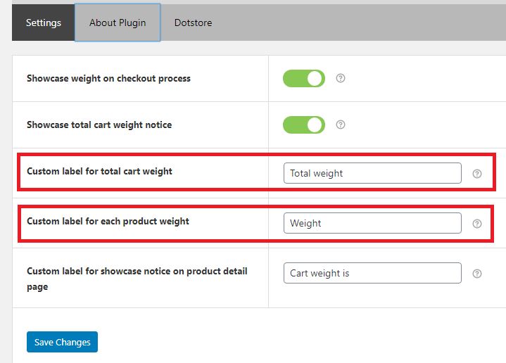 Figure 3: Settings Tab for the Cart Weight for WooCommerce Plugin
