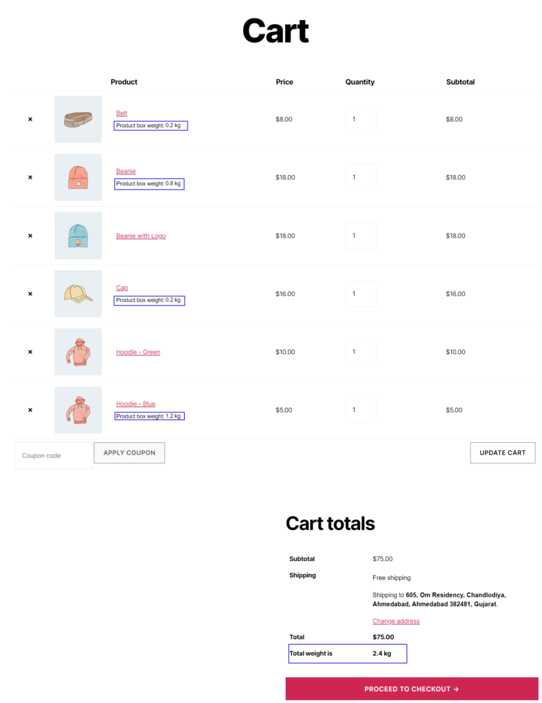 Figure 5: Displaying product weight at the cart page
