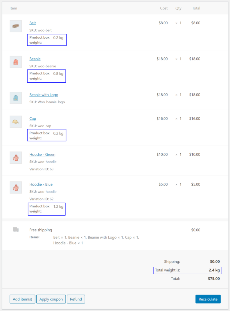 Figure 8: Displaying Product Weight at the admin side