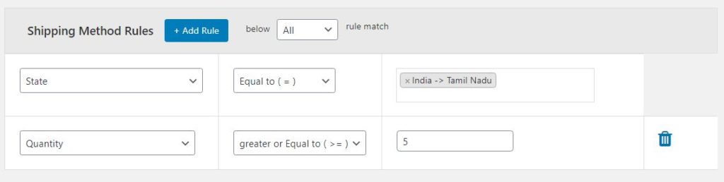 How to I set table rates Shipping in WooCommerce? 4 Figure 4: Add the needed Shipping Method Rules for quantity