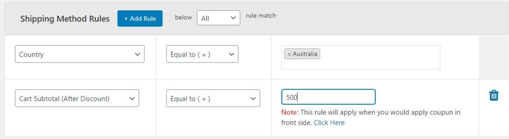 Figure 7 - Shipping Rule For all Australian Buyers who spent more than £500