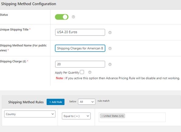How to set up Multiple Flat rate Shipping Methods on WooCommerce? 5 Figure 5: Creating a Shipping Method for the US of America, Shipping Charge being £20