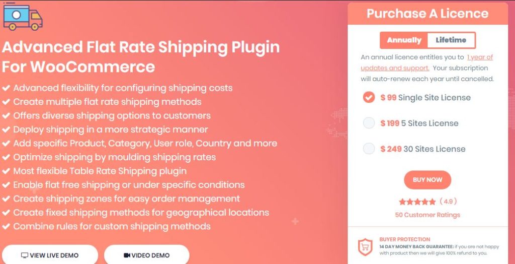 Figure 1: Advanced Flat Rate Shipping Plugin for WooCommerce Pro - Feature and Pricing