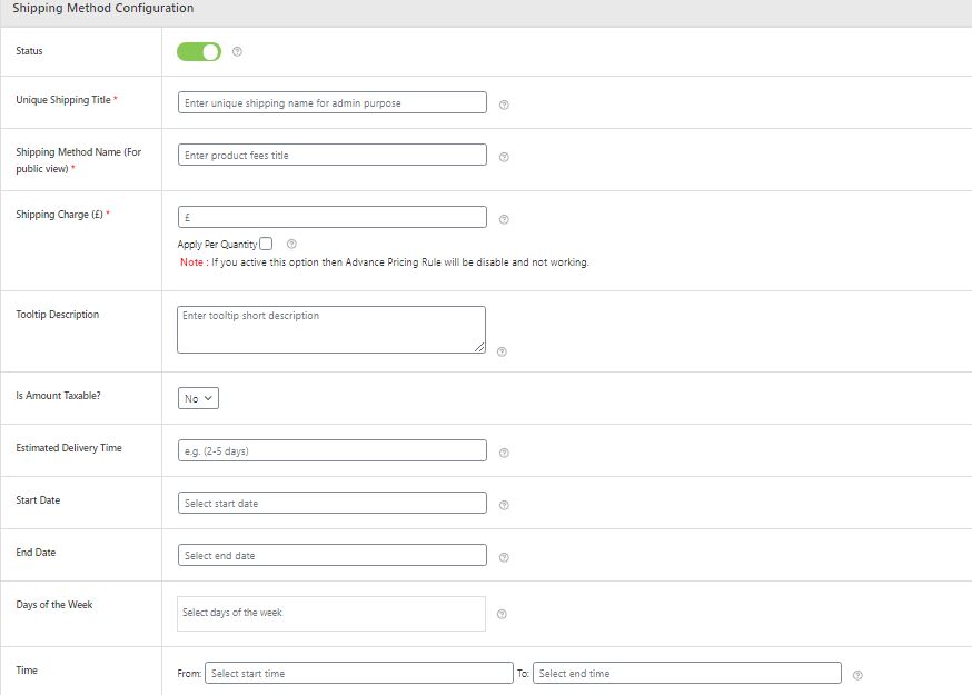 Figure 4: Shipping method Configuration & fields to fill in this section