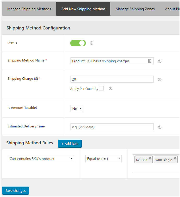 How to Calculate Shipping Rates for Various Products Types in the WooCommerce Cart? 13 Figure 13 : Create a Shipping Method for the Case 'Cart Contains SKU's Product'