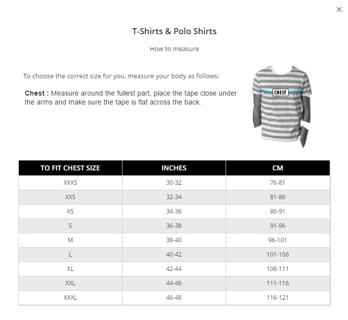 Figure 1: A Product Size Chart, created using the Product Size Charts Plugin for WooCommerce