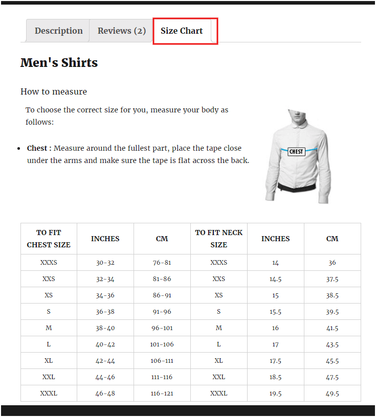 Figure 5: A Comprehensive and beautiful Product Size Chart created using Product Size Charts Plugin for WooCommerce