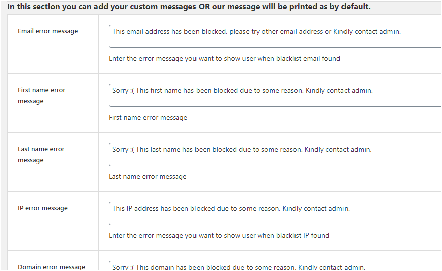 How to customize the fraud message for WooCommerce blacklisted users? 3 Figure - 3: Custom messages you may add to the WC store using Anti-fraud Plugin settings