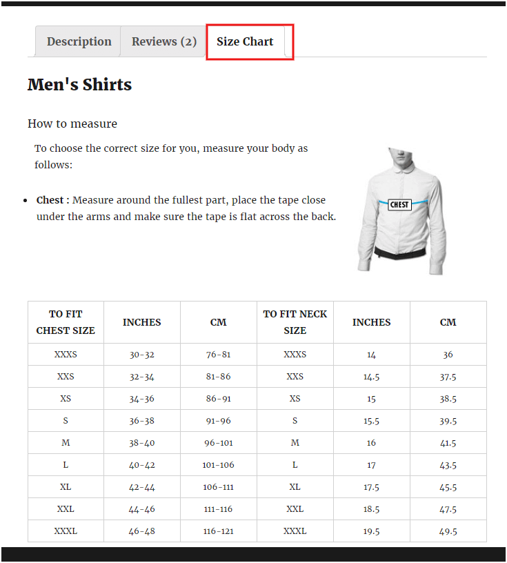 Figure 5:- A Size Chart, added to a WC store, using the Product Size Charts Plugin
