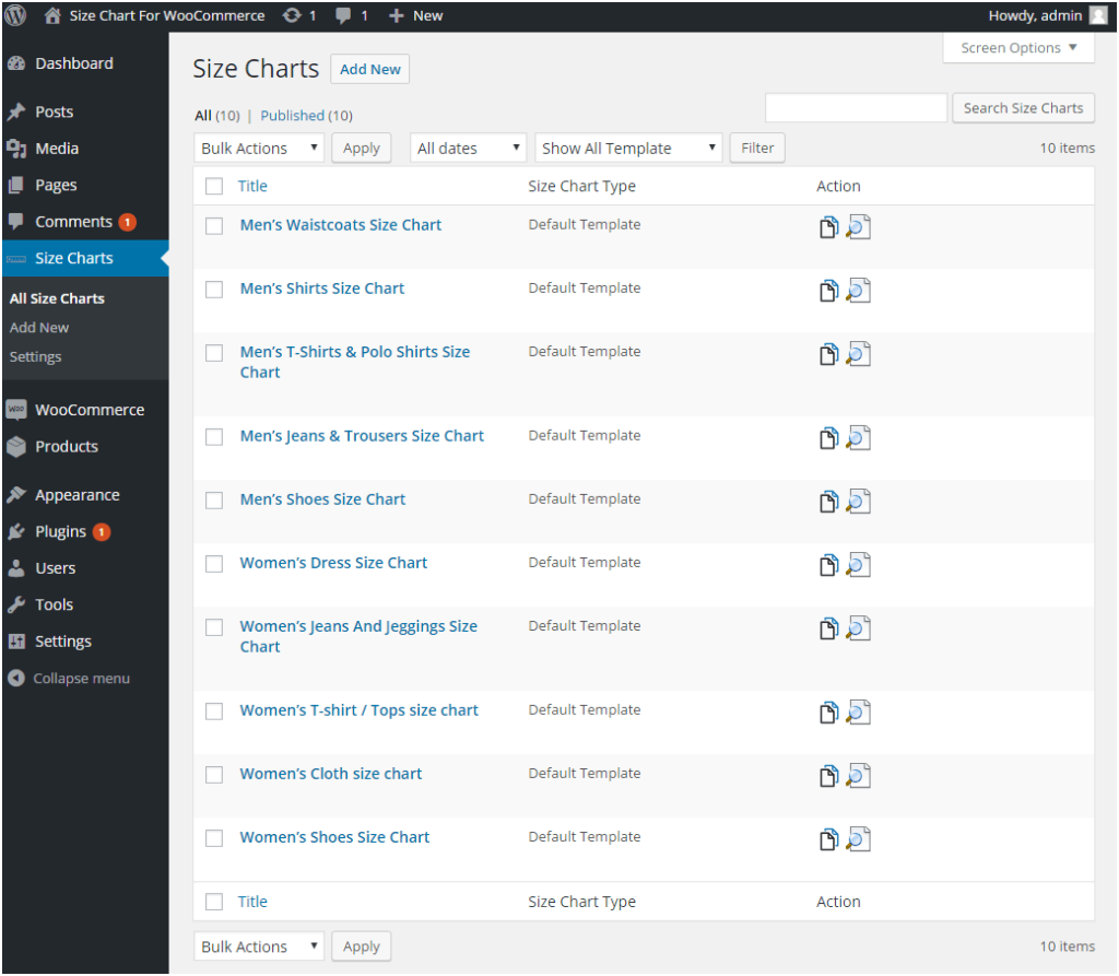 How to help your Customers Pick the Right Size and Reduce Order Returns – Ecommerce Size Guide 3 Figure 3:- Multiple Size Charts created using the Product Size Charts Plugin for WC