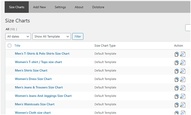 Figure 3 - Size Charts - A list of default templates