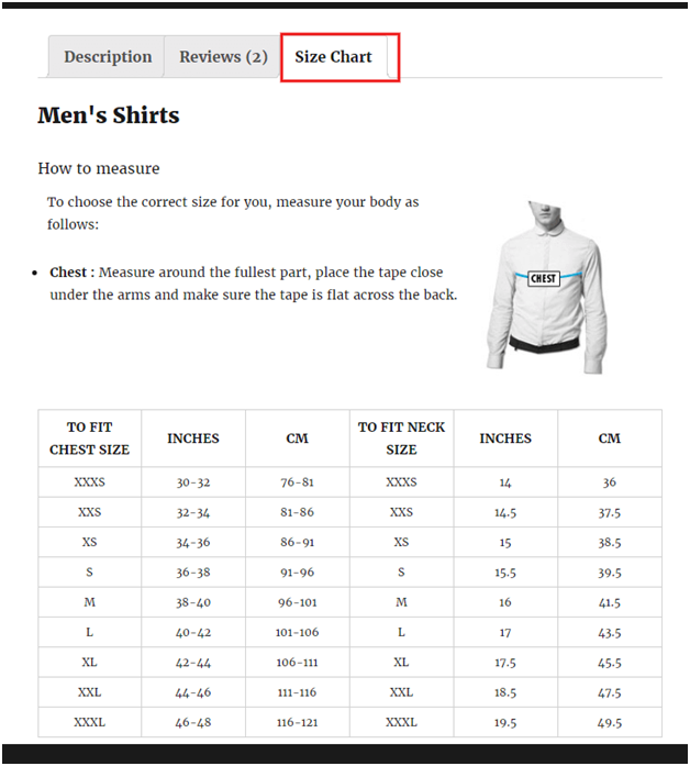 An Example Product Size chart created using WooCommerce