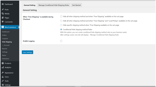 Figure 1 - General Settings - Hide Shipping Plugin