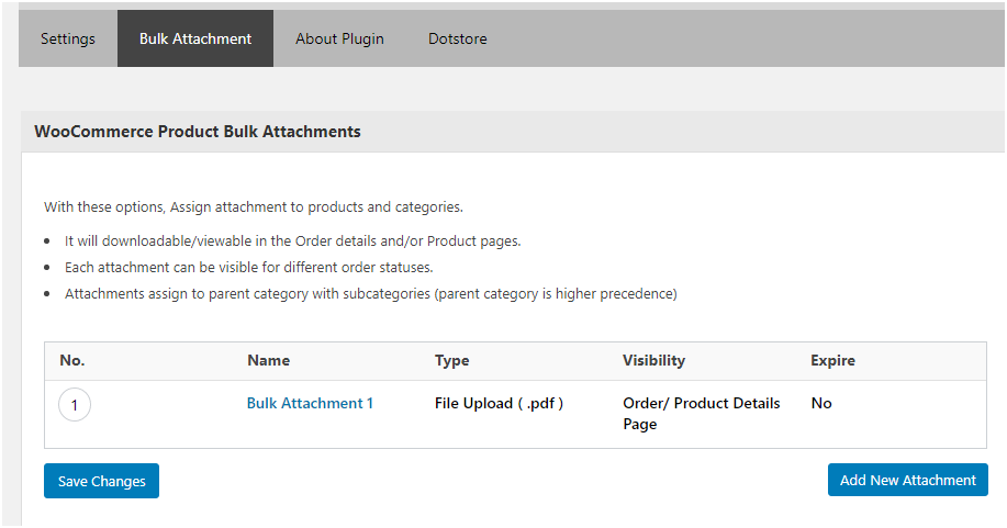 Figure 3 - Bulk Attachment Section with the list of existing attachments already created