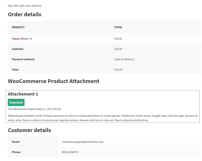 Figure 7 - An example for how a product attachment will look like on your order details page