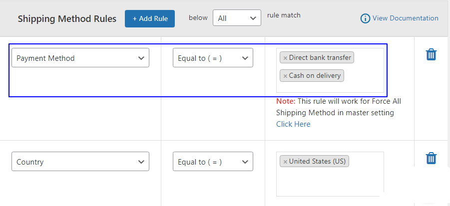 Payment method specific shipping rule