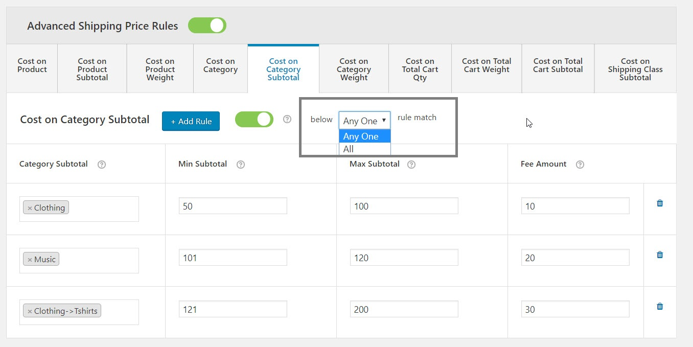 Complete WooCommerce Shipping and Shipping Fee Guide to Help Sellers do well in Business 14 Category subtotal specific advanced rule