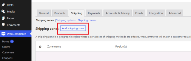 Add shipping zone in WooCommerce