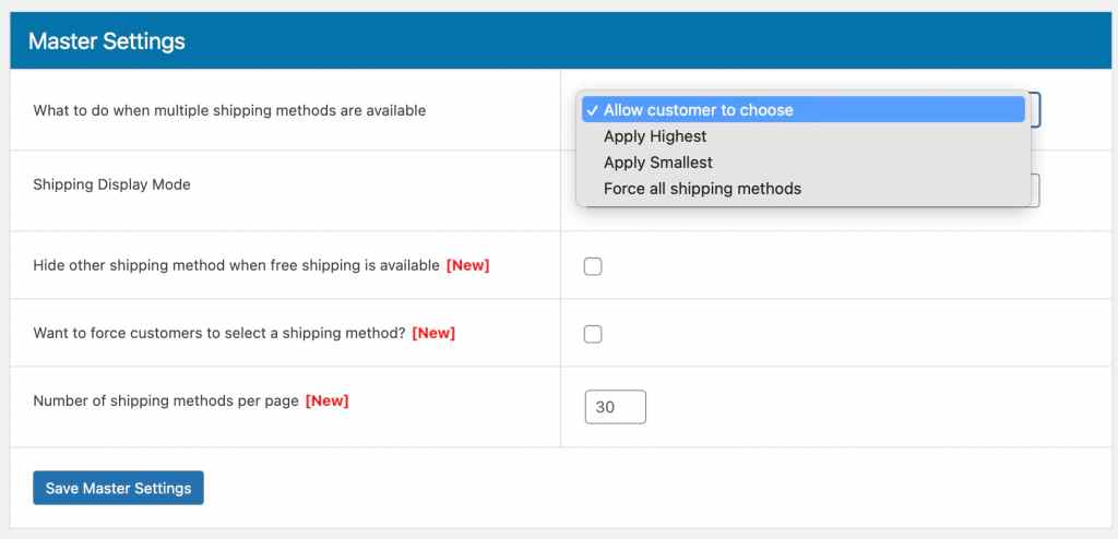Master settings for the advanced flat rate shipping plugin
