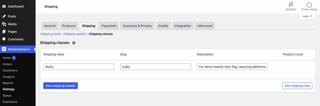Add new shipping class in WooCommerce