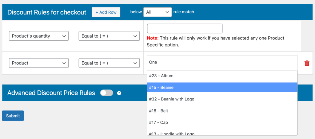 Configure settings for a product-based quantity discount rule.