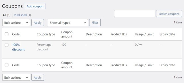 WooCommerce – add a new coupon.